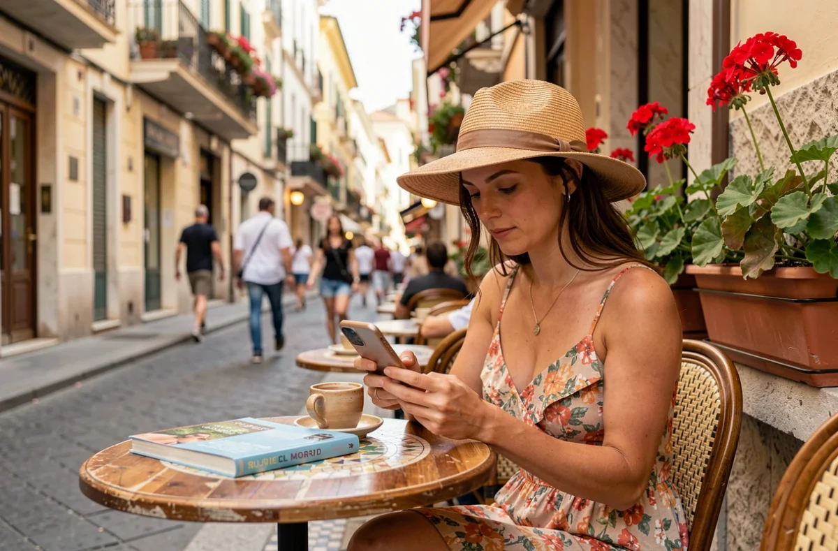 Touriste assise en terrasse de café à Nice consultant son téléphone avec un guide de voyage