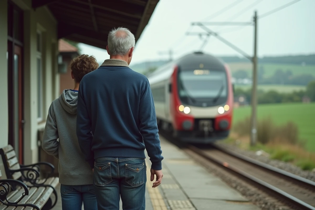 Père et fils attendant le train régional sur un quai en Seine-Maritime