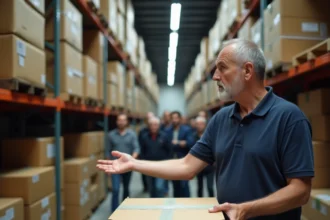 Commissaire-priseur présentant des boxes abandonnés lors d'une vente aux enchères dans un entrepôt de stockage en France