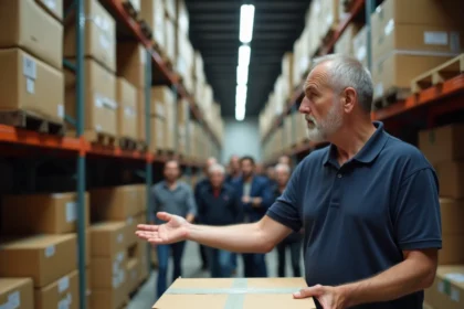Commissaire-priseur présentant des boxes abandonnés lors d'une vente aux enchères dans un entrepôt de stockage en France