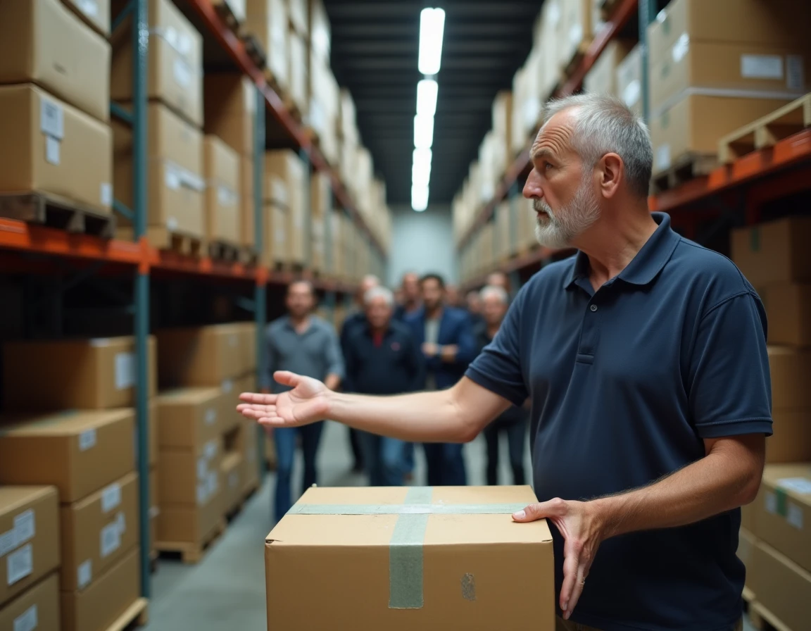 Commissaire-priseur présentant des boxes abandonnés lors d'une vente aux enchères dans un entrepôt de stockage en France