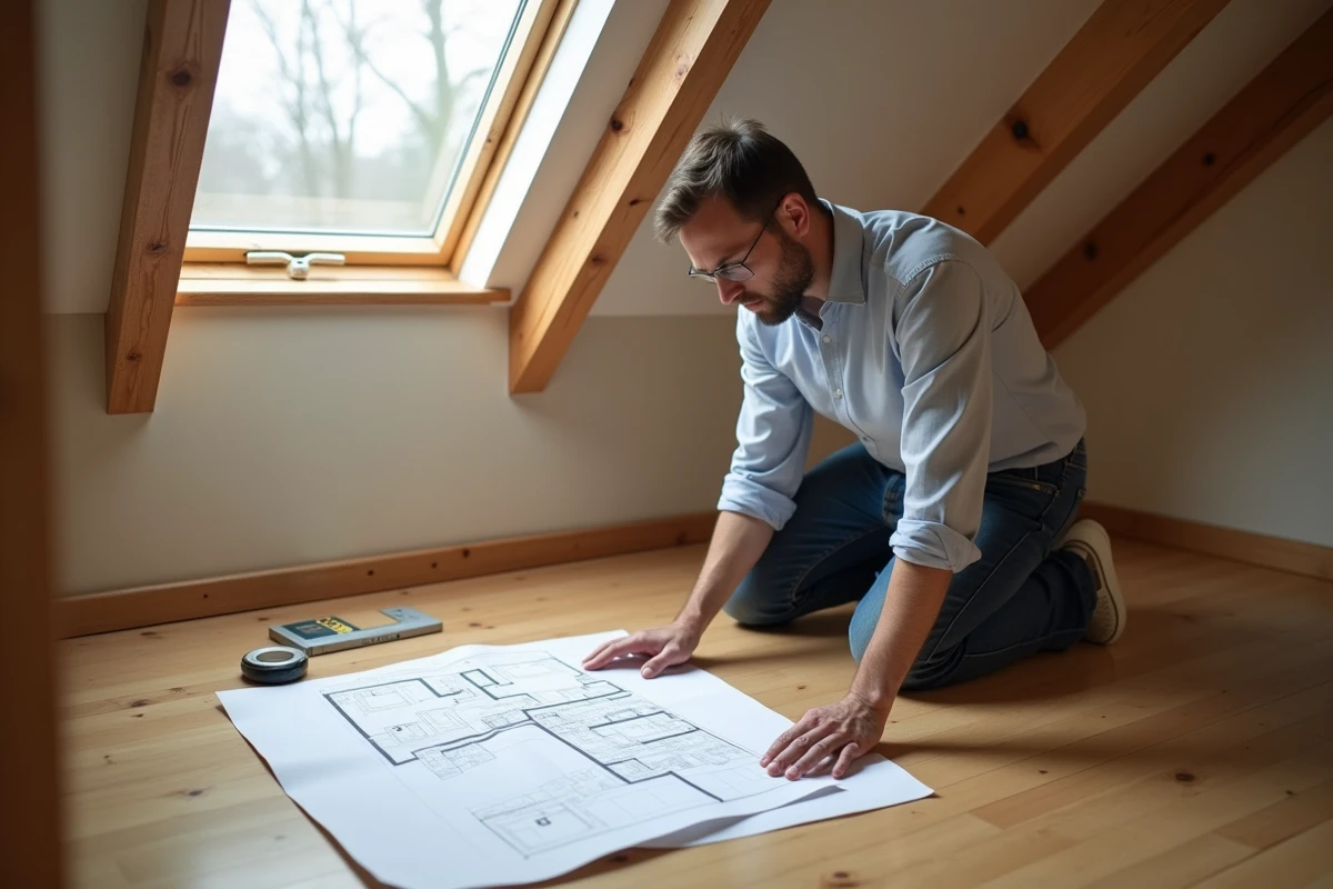 Propriétaire vérifiant un plan de surface et un mètre ruban dans une petite chambre mansardée pour contrôler la hauteur sous plafond réglementaire loi Carrez