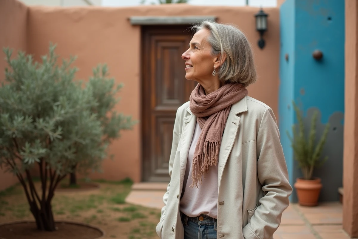 Femme visitant un jardin de maison à louer à Essaouira, évaluant la végétation et les conditions climatiques humides de la côte atlantique