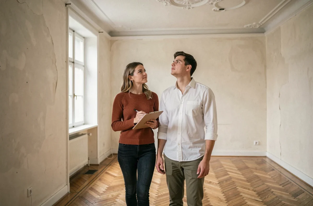 Jeune couple visitant une maison vide à louer dans le département de l'Eure, prenant des notes sur l'état du logement