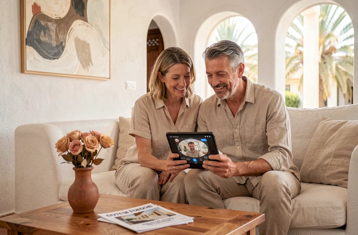 Couple découvrant la visite virtuelle d'une villa à Marrakech sur une tablette numérique dans un intérieur marocain soigneusement mis en scène pour la vente